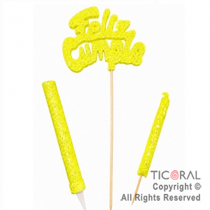 ADORNO DE TORTA SET FELIZ CUMPLE CON BENGALA Y VELA 9 CM GIBRE AMARILLO x 1